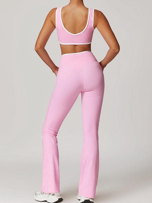 Contrast Color Deep V Collar Backless Flare Tracksuit