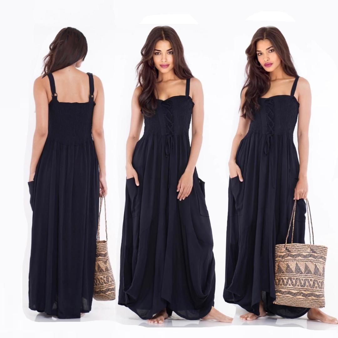 Crystal Smocked Bodice Spaghetti Strap Boho Maxi Dress