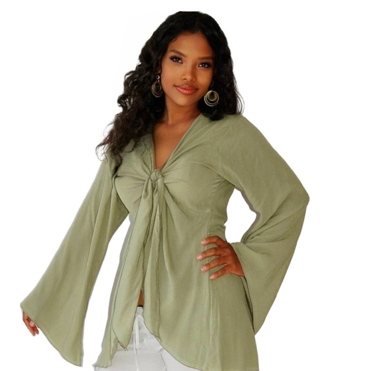 Brylee V Neckline Long Bell Sleeves Sexy Boho Chiffon Blouse