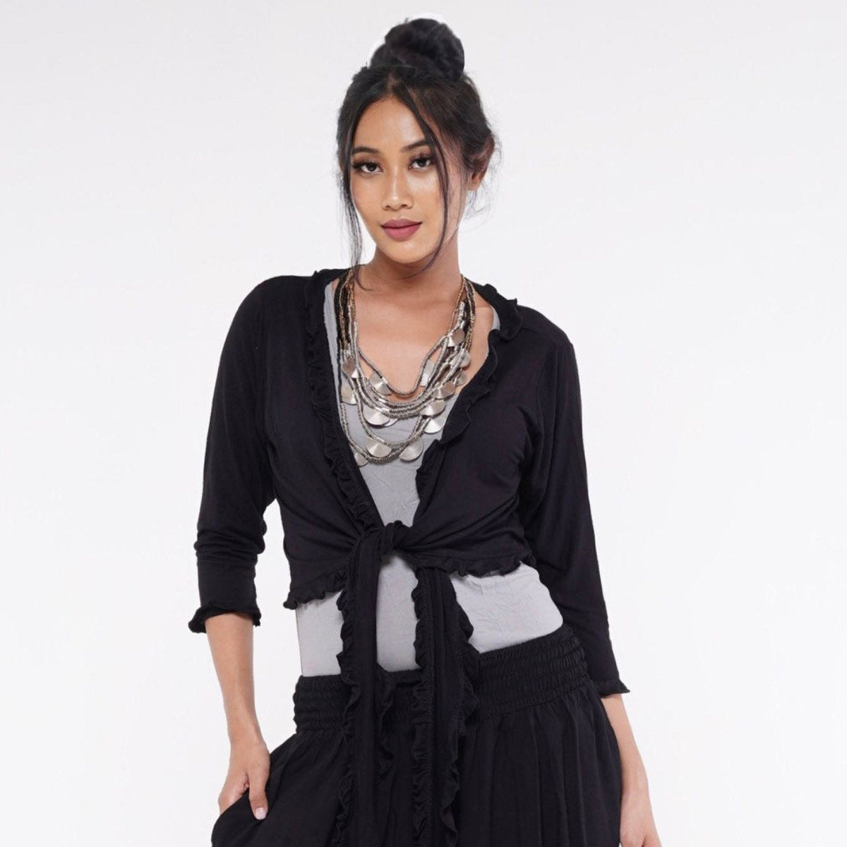 Zainab Tie front Ruffle Jersey Stretch Cardigan