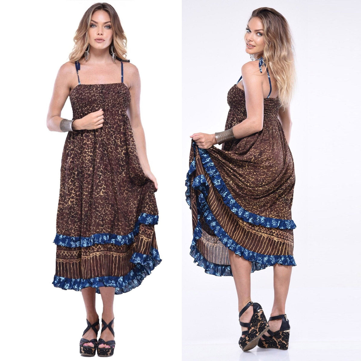Faith Smocked Ruffles Spaghetti Strap Batik 3/4 Length Dress