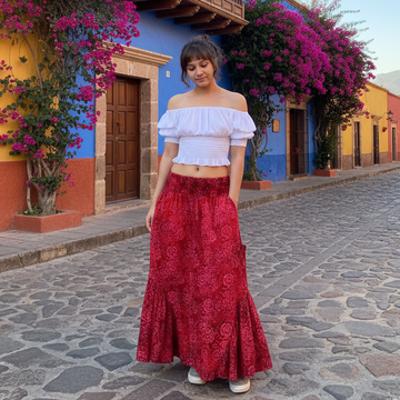 Carolina Ruffle Pockets Bali Batik Bohemian Maxi Skirt