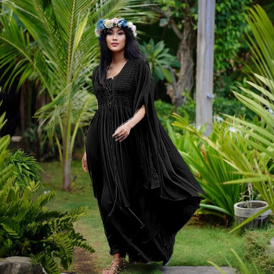 Keyla Renaissance Lace Up Smocked Goddess Maxi Dress