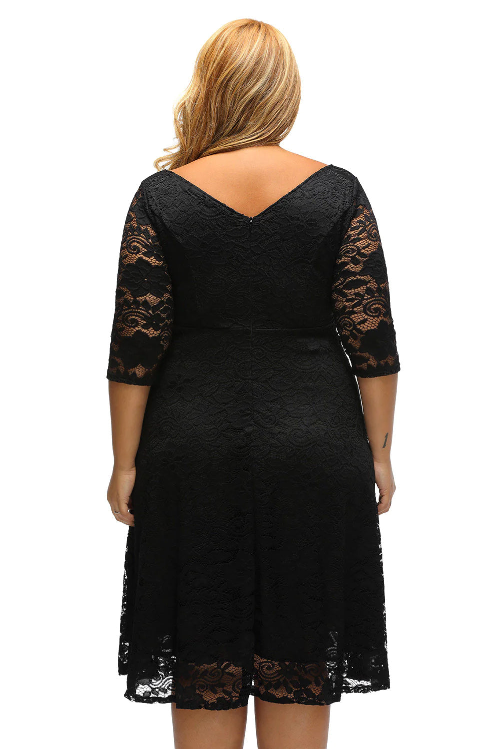 Rina Black Floral Lace Sleeved Fit and Flare Curvy Dress