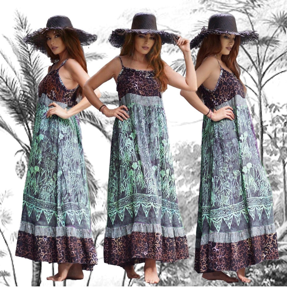 Serenity Baby Doll Gauzy Batik Strap Spaghetti Maxi Dress
