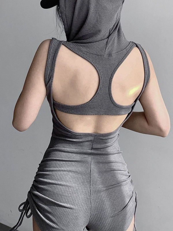 Hollow Out Drawstring Hooded Romper
