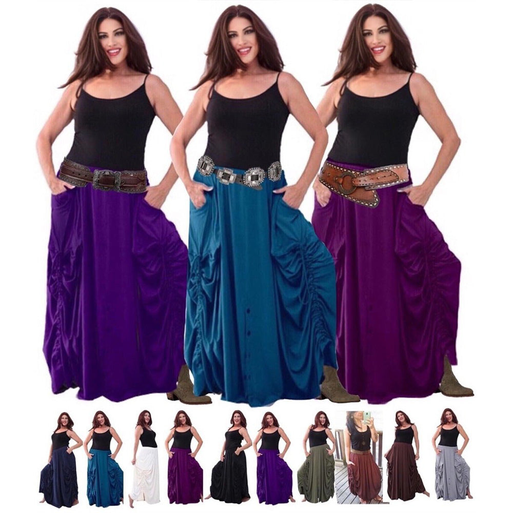 Adriana Elastic Waist Pockets Boho Maxi Skirt