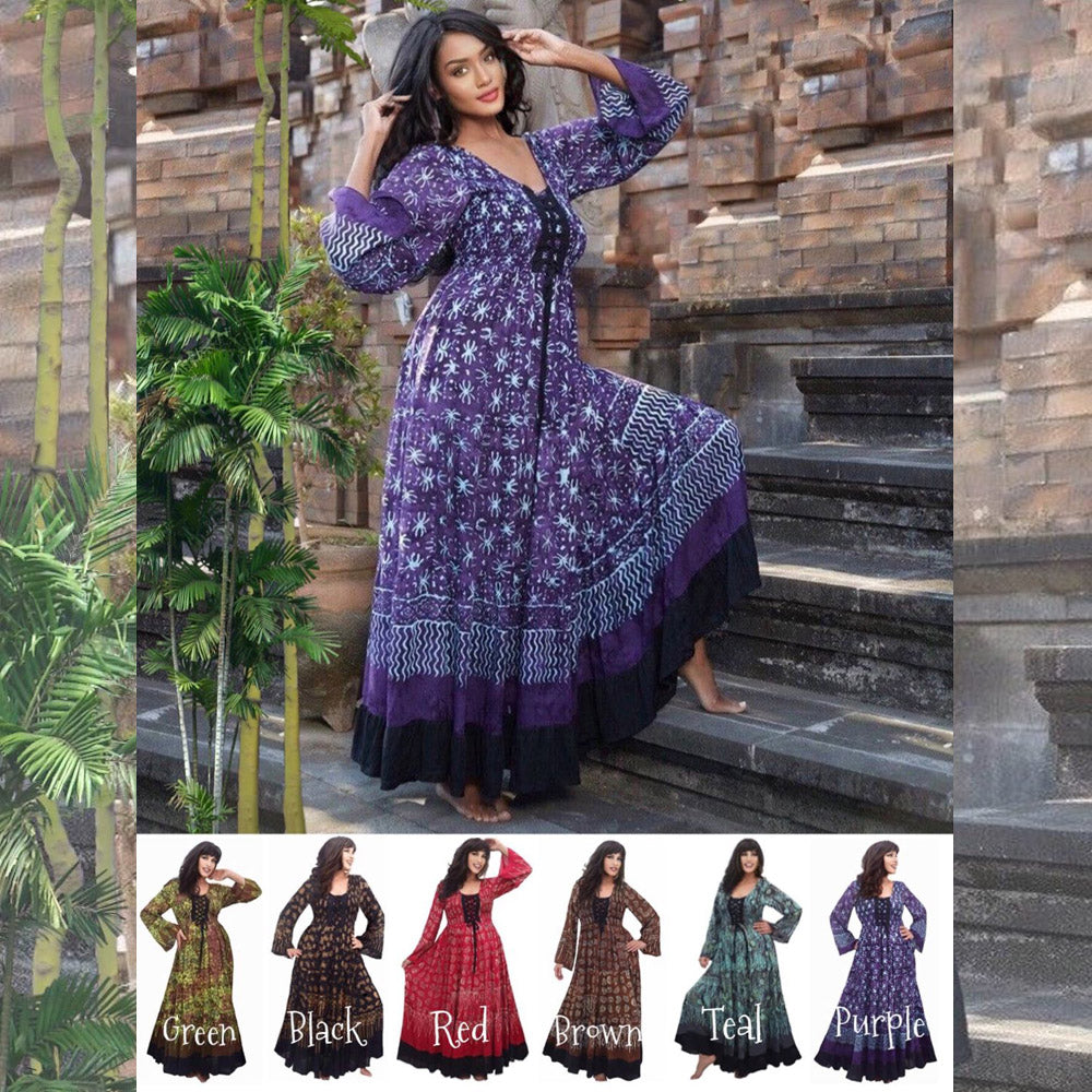 Eva Batik Empire Line Laced Bodice Long Sleeve Dress