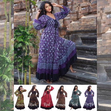 Eva Batik Empire Line Laced Bodice Long Sleeve Dress