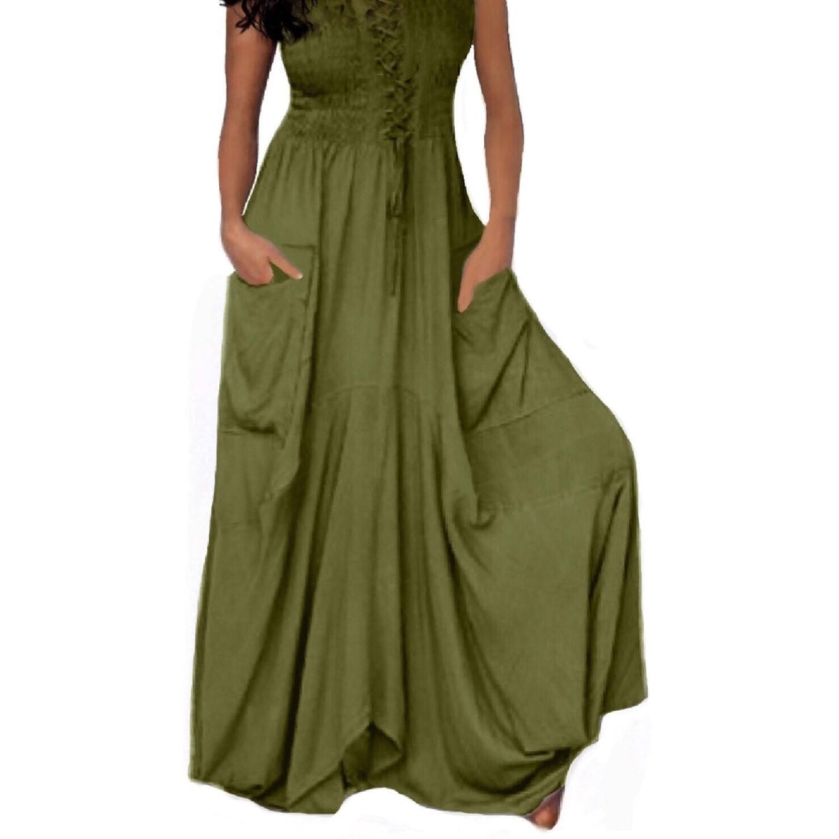 Crystal Smocked Bodice Spaghetti Strap Boho Maxi Dress