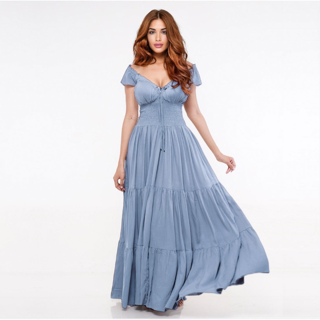 Haylee Smocked Tiers Crinkle Rayon Viking Party Maxi Dress