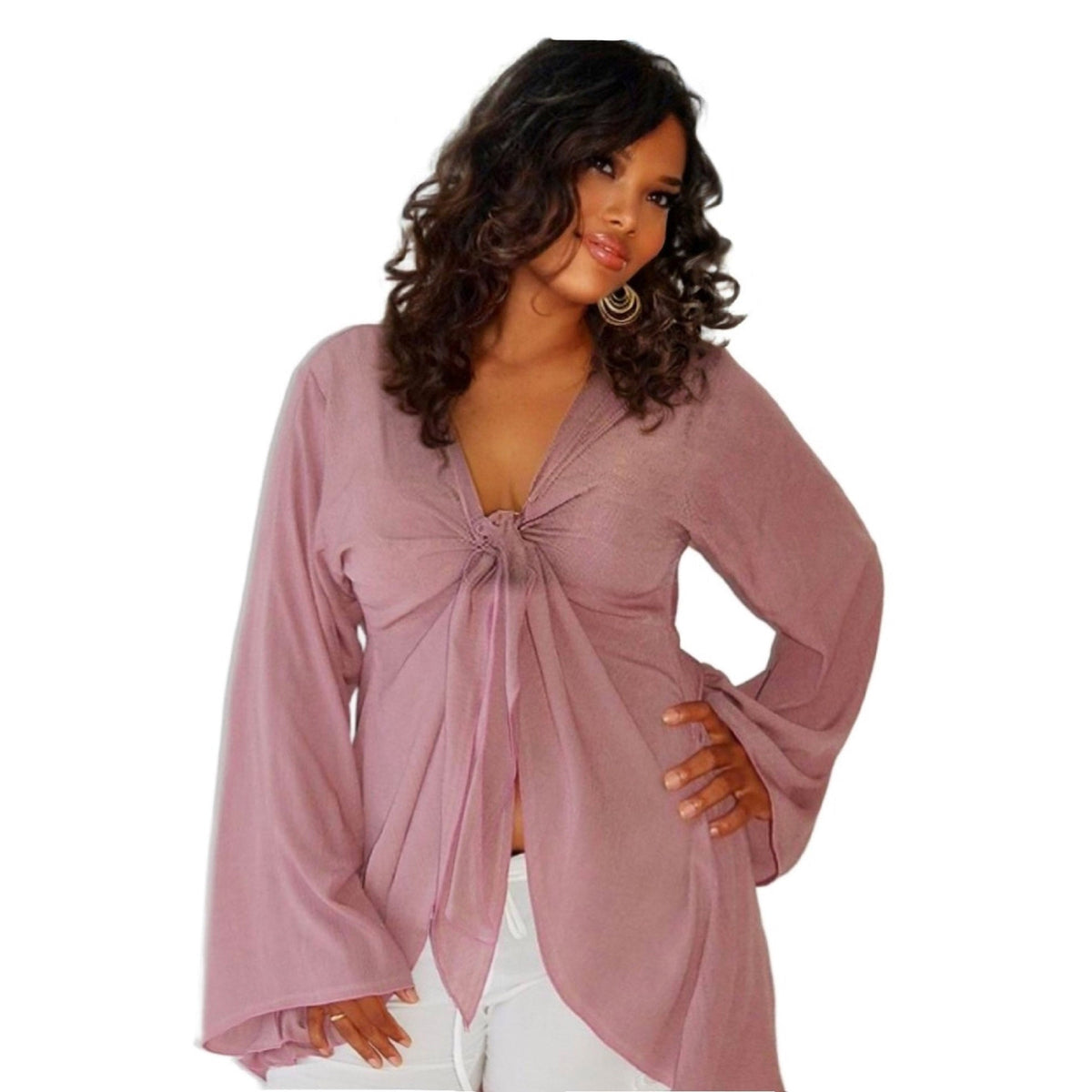 Brylee V Neckline Long Bell Sleeves Sexy Boho Chiffon Blouse