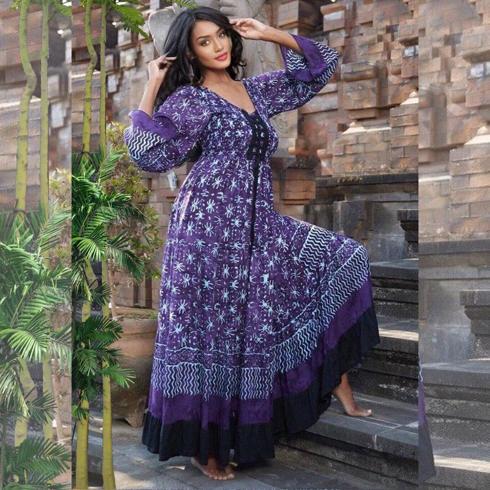 Eva Batik Empire Line Laced Bodice Long Sleeve Dress