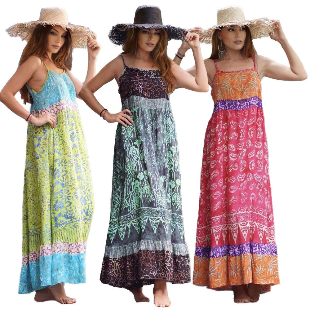 Serenity Baby Doll Gauzy Batik Strap Spaghetti Maxi Dress