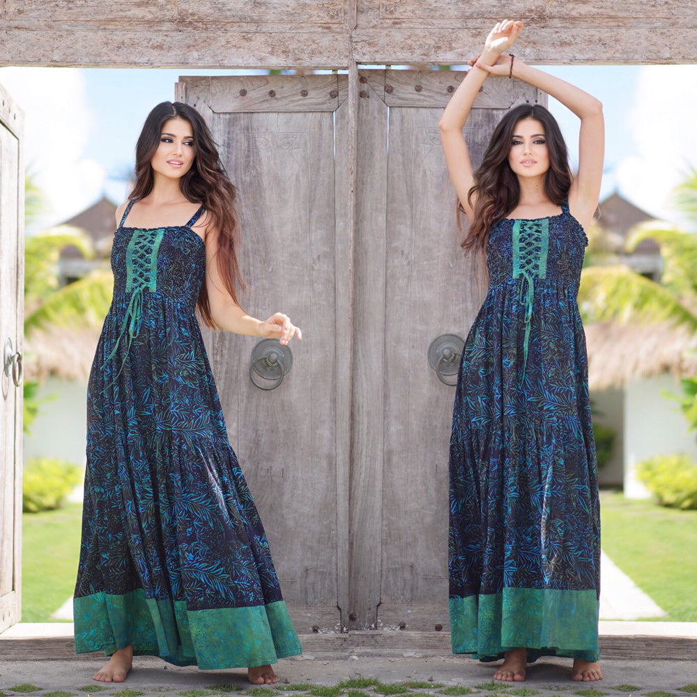 Mariana Boho Lace-Up Bodice Bali Batik Maxi Dress