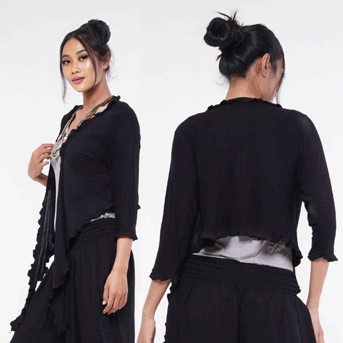 Zainab Tie front Ruffle Jersey Stretch Cardigan