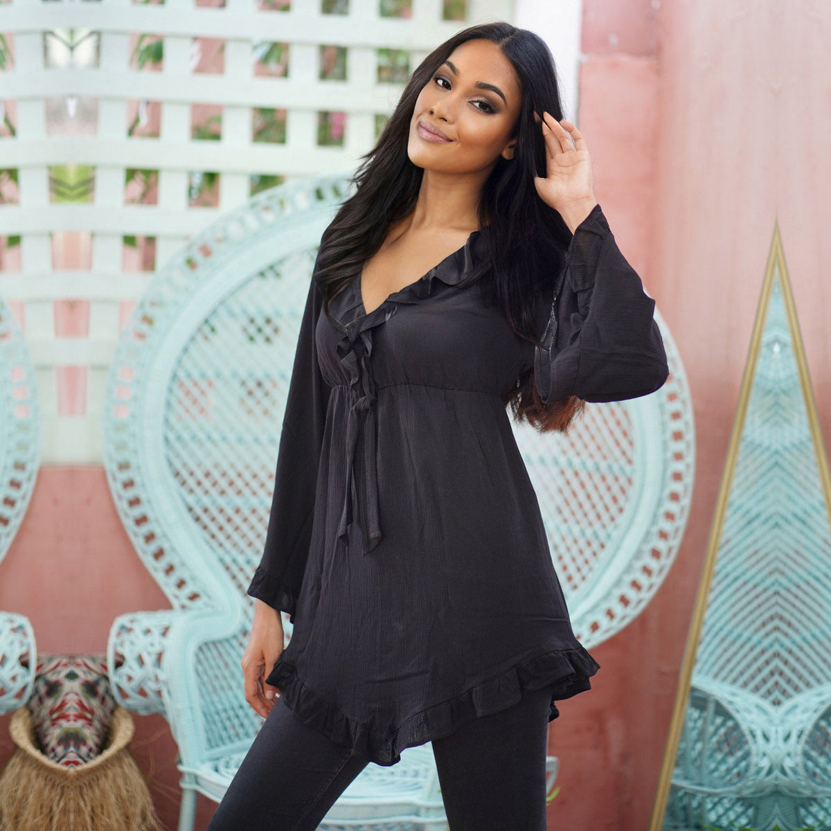 Aubrey Bohemian A Line Ruffle Long Bell Sleeve Blouse