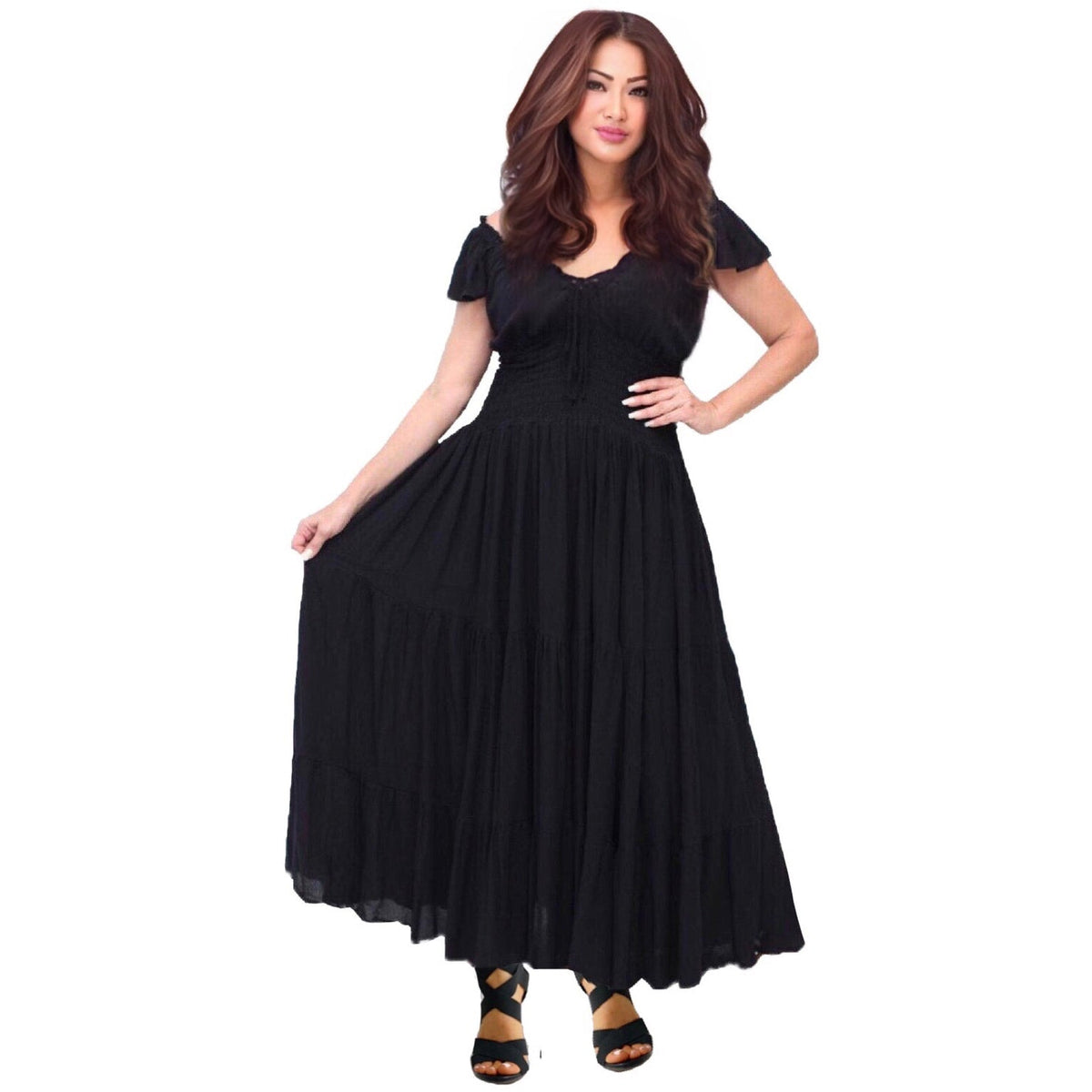 Liliana Rayon Crinkle Smocked Tiers Bohemian Maxi Dress