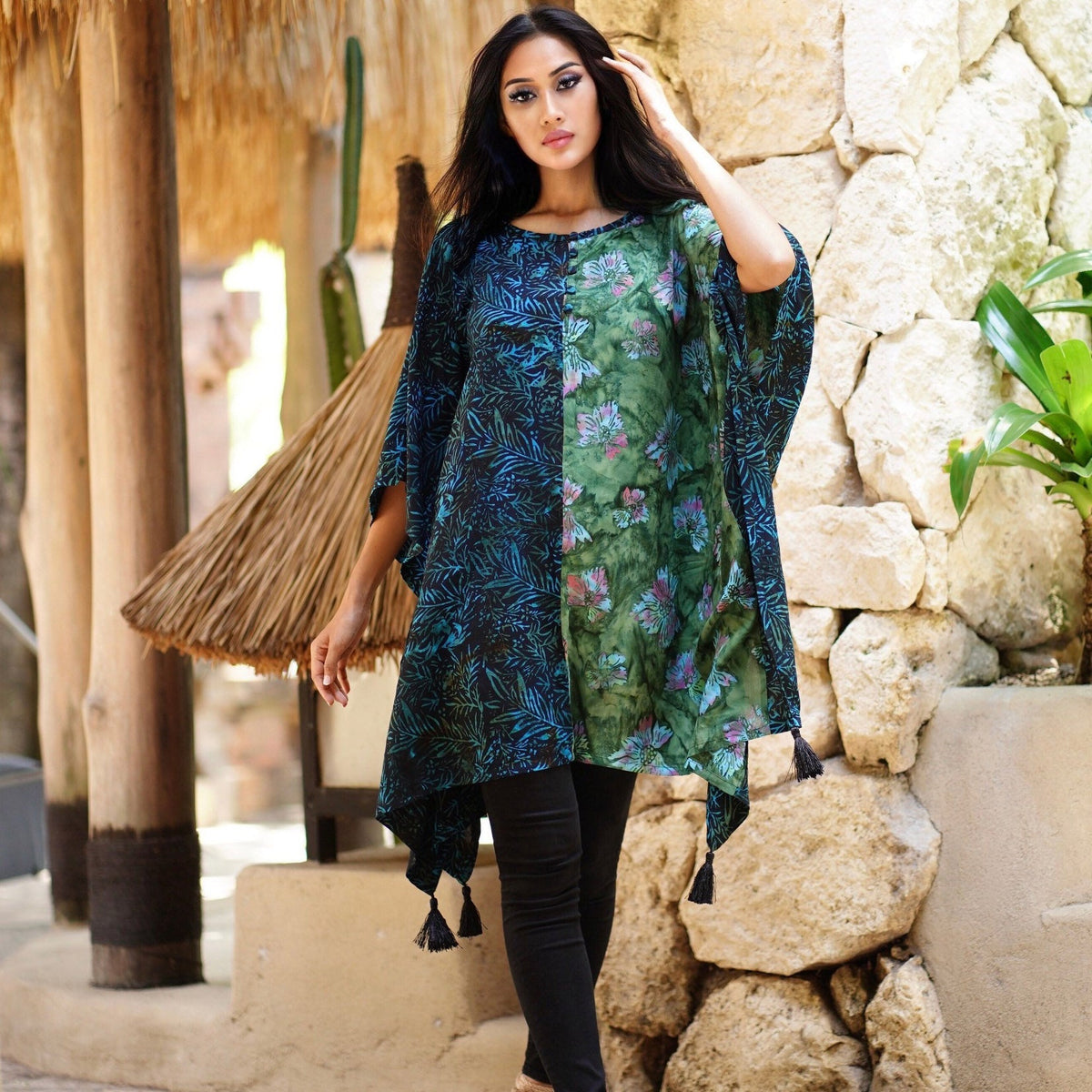 Ayleen Batik Combo Tassels Bohemian Poncho Top