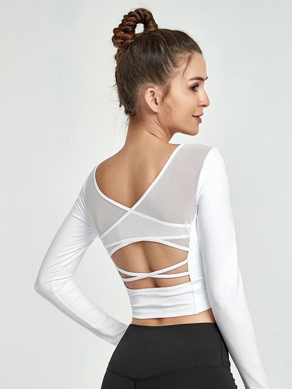 Hollow Out Cross Back Thumbholes Mesh Long Sleeves