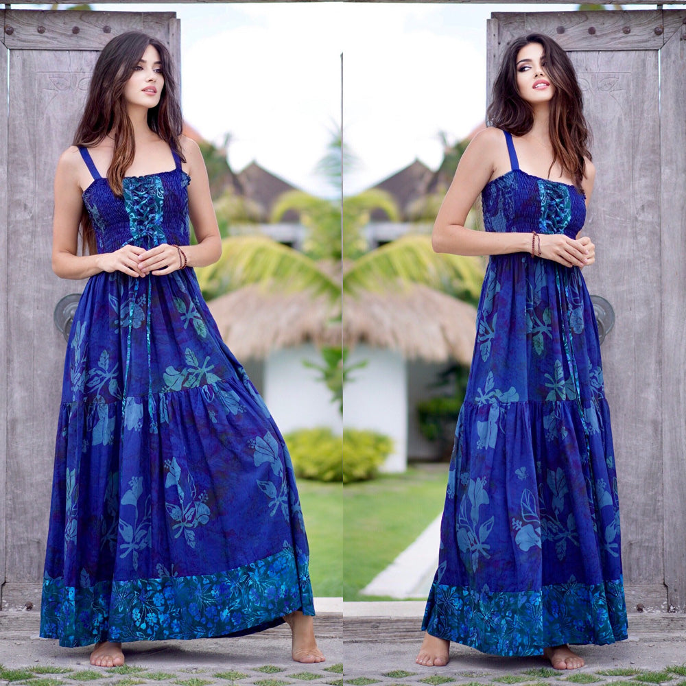 Mariana Boho Lace-Up Bodice Bali Batik Maxi Dress