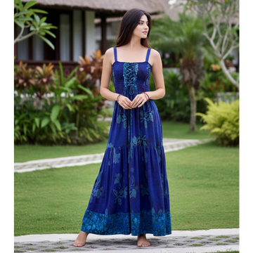 Mariana Boho Lace-Up Bodice Bali Batik Maxi Dress