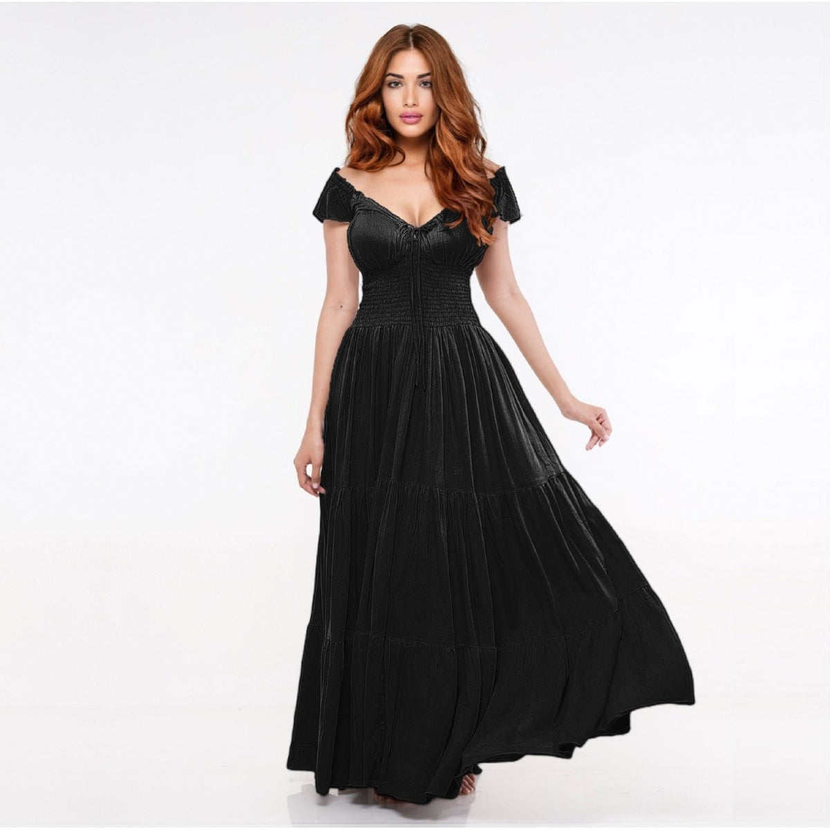 Haylee Smocked Tiers Crinkle Rayon Viking Party Maxi Dress