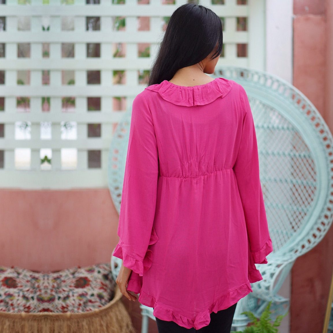 Aubrey Bohemian A Line Ruffle Long Bell Sleeve Blouse