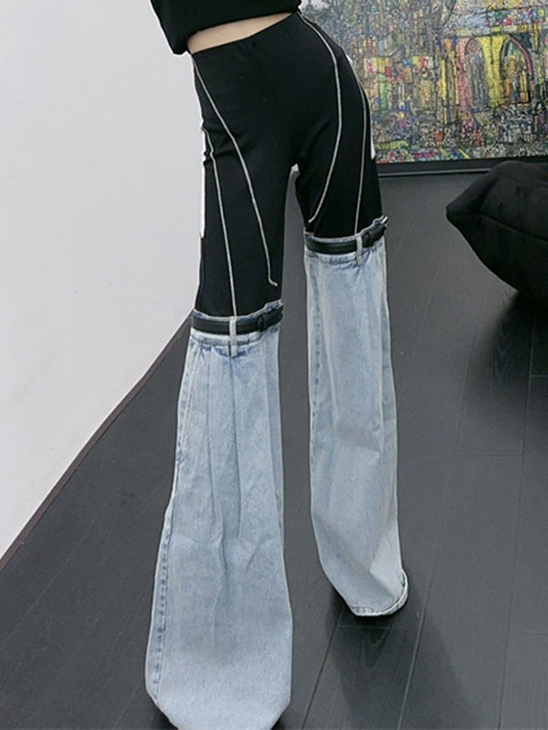 Contrast Color Denim Flare Fashion Pants