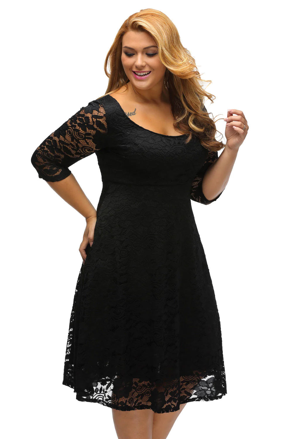 Rina Black Floral Lace Sleeved Fit and Flare Curvy Dress