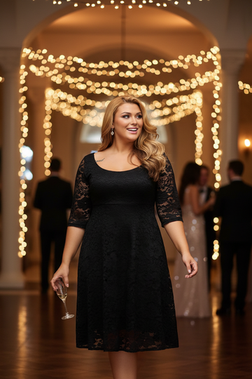 Rina Black Floral Lace Sleeved Fit and Flare Curvy Dress