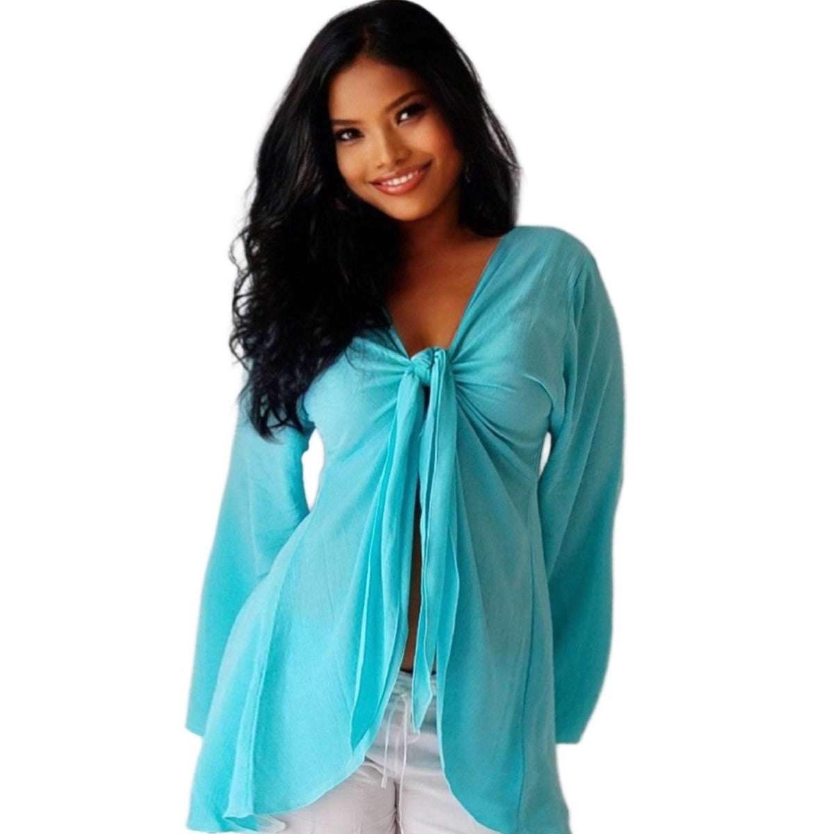 Brylee V Neckline Long Bell Sleeves Sexy Boho Chiffon Blouse