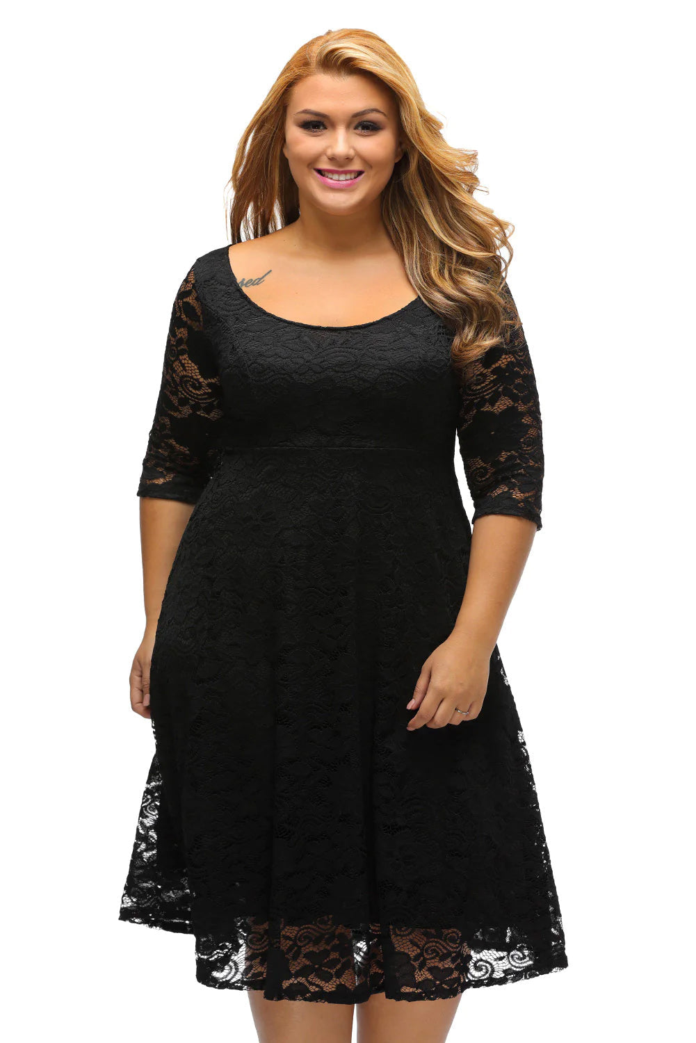 Rina Black Floral Lace Sleeved Fit and Flare Curvy Dress