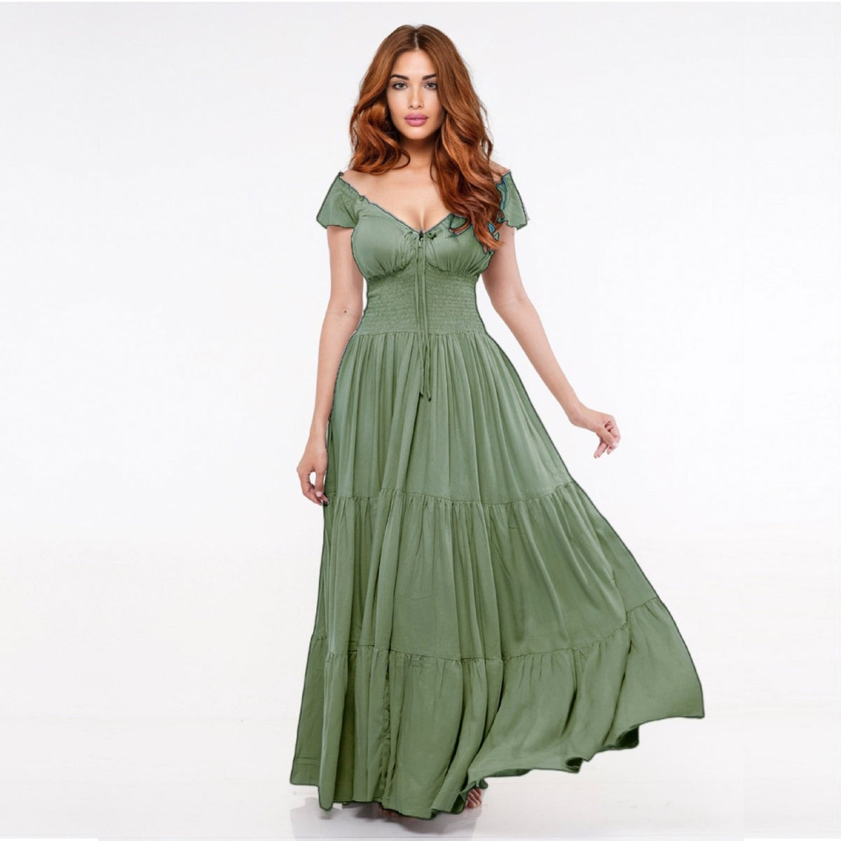 Haylee Smocked Tiers Crinkle Rayon Viking Party Maxi Dress