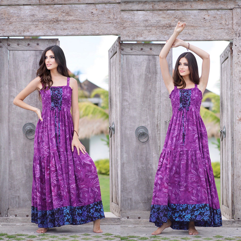 Mariana Boho Lace-Up Bodice Bali Batik Maxi Dress