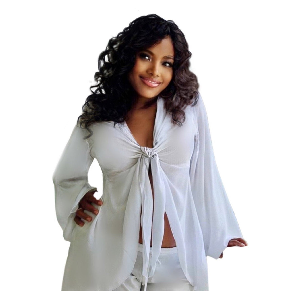 Brylee V Neckline Long Bell Sleeves Sexy Boho Chiffon Blouse