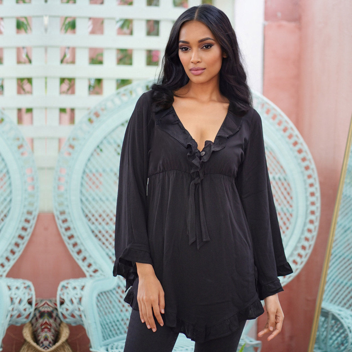 Aubrey Bohemian A Line Ruffle Long Bell Sleeve Blouse