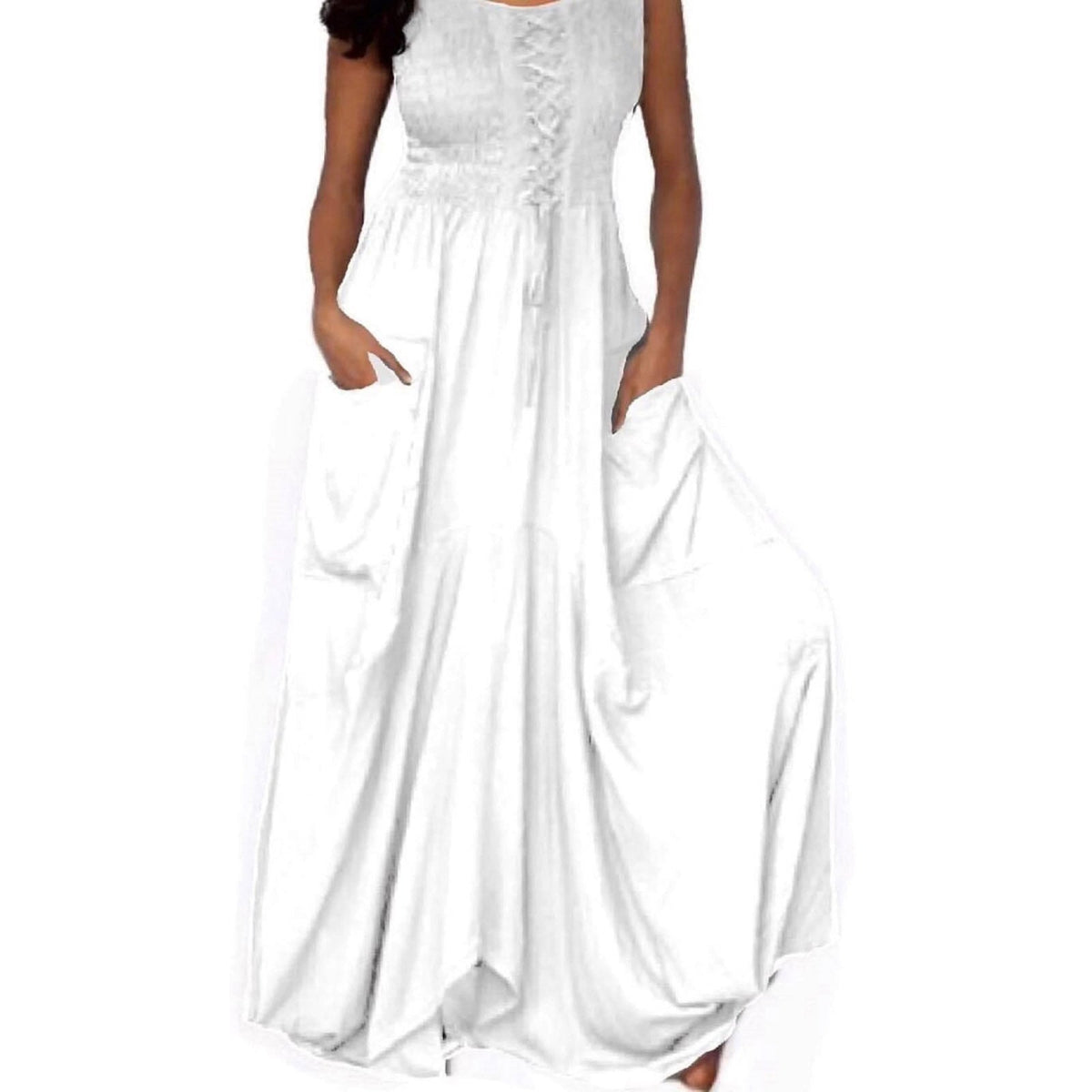 Crystal Smocked Bodice Spaghetti Strap Boho Maxi Dress