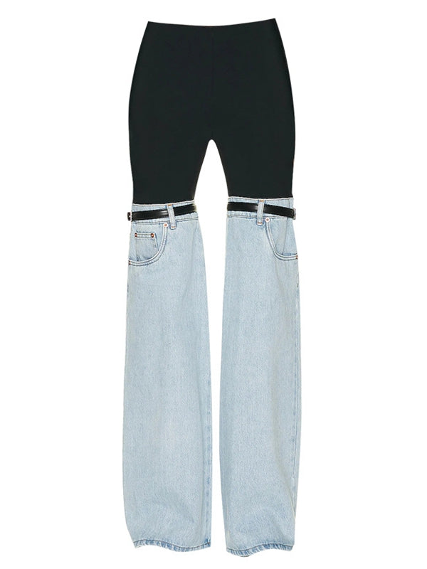Contrast Color Denim Flare Fashion Pants