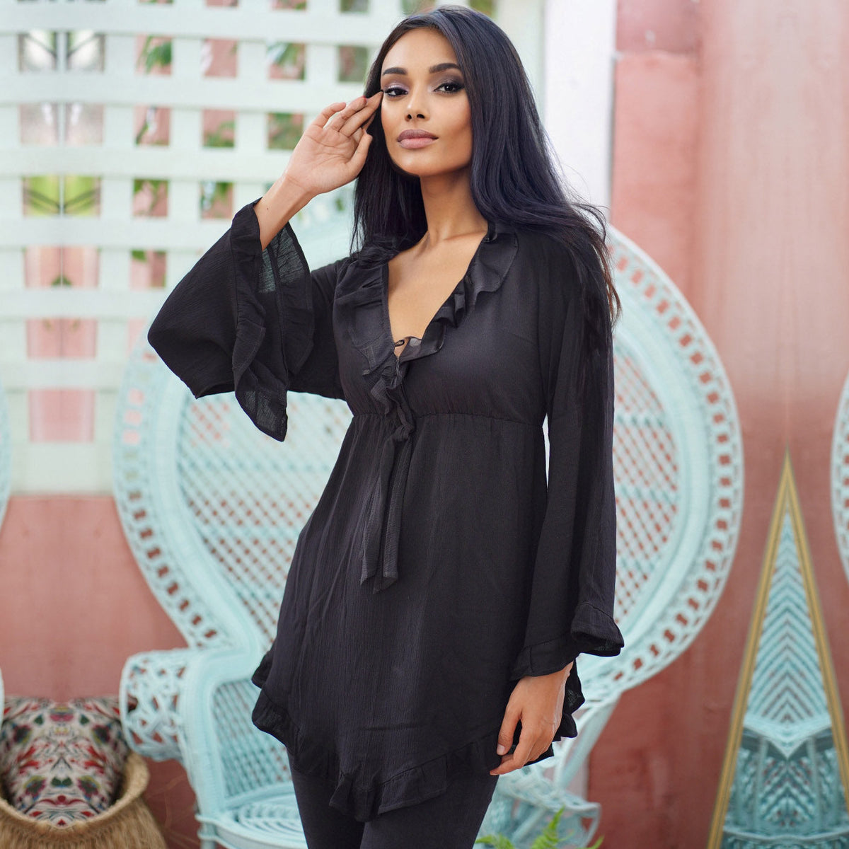 Aubrey Bohemian A Line Ruffle Long Bell Sleeve Blouse