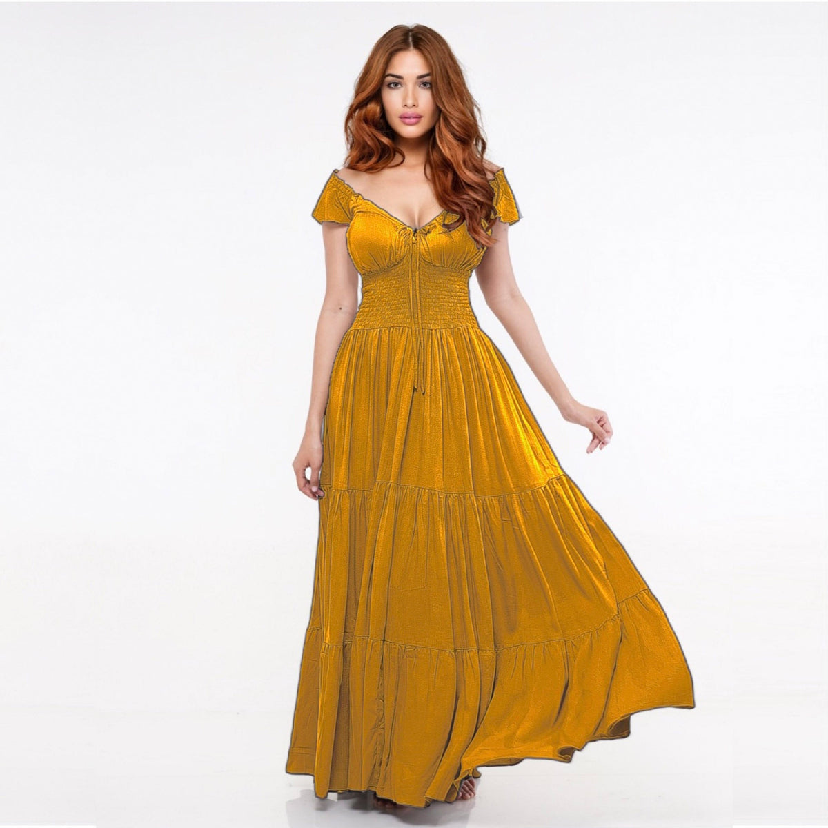 Haylee Smocked Tiers Crinkle Rayon Viking Party Maxi Dress