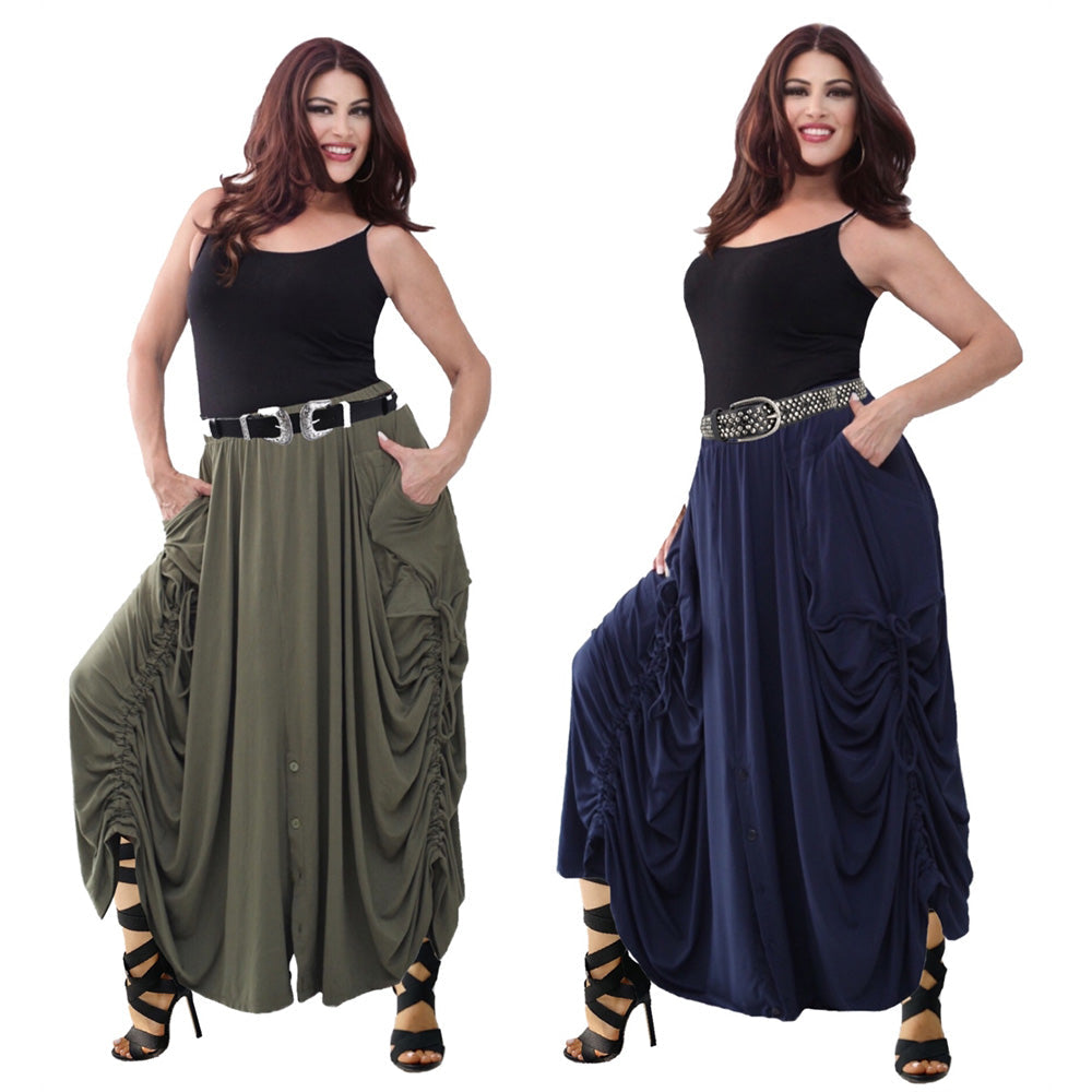 Adriana Elastic Waist Pockets Boho Maxi Skirt
