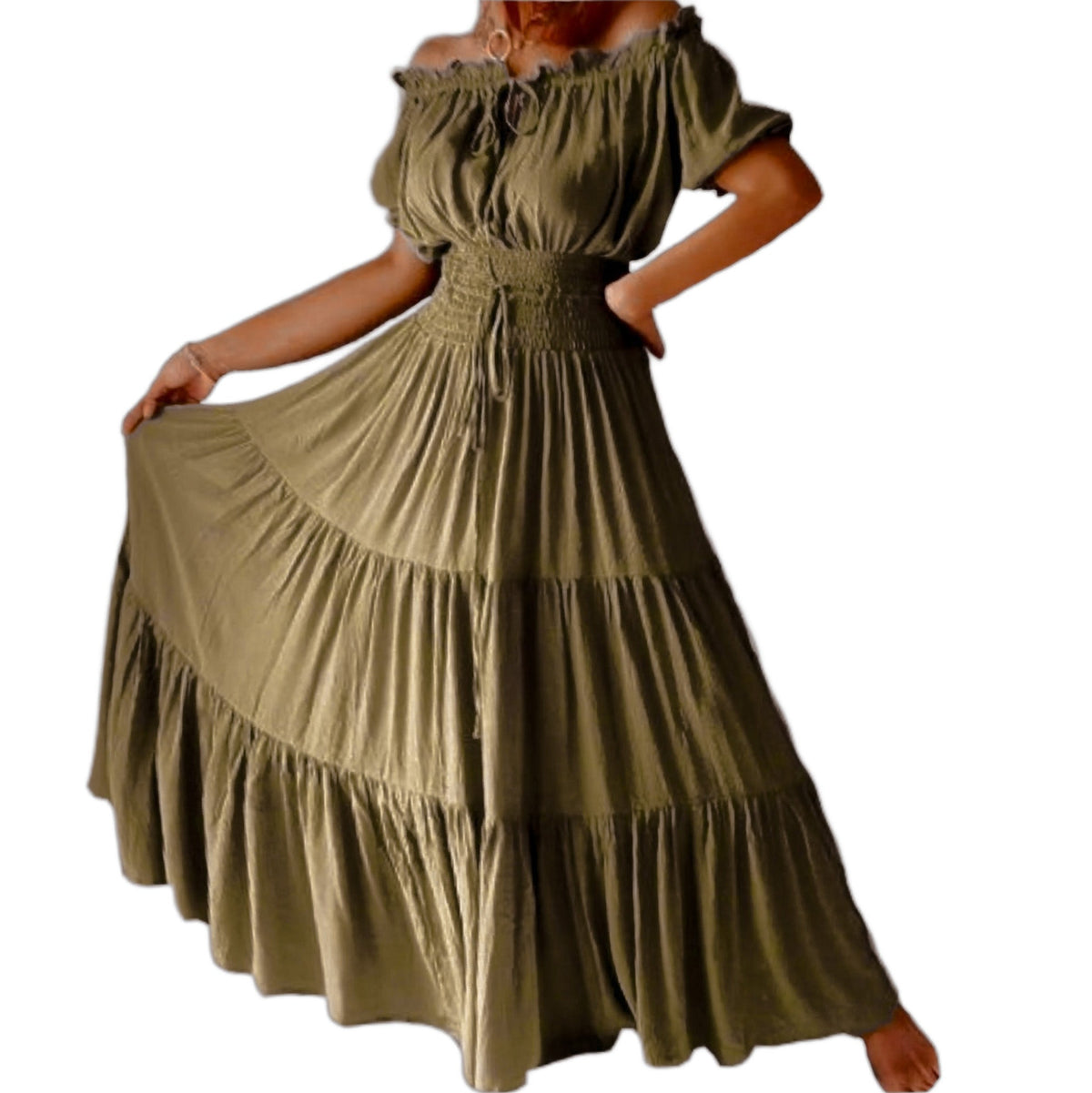 Priscilla Rayon Crinkle Short Sleeve Maxi Long Dress