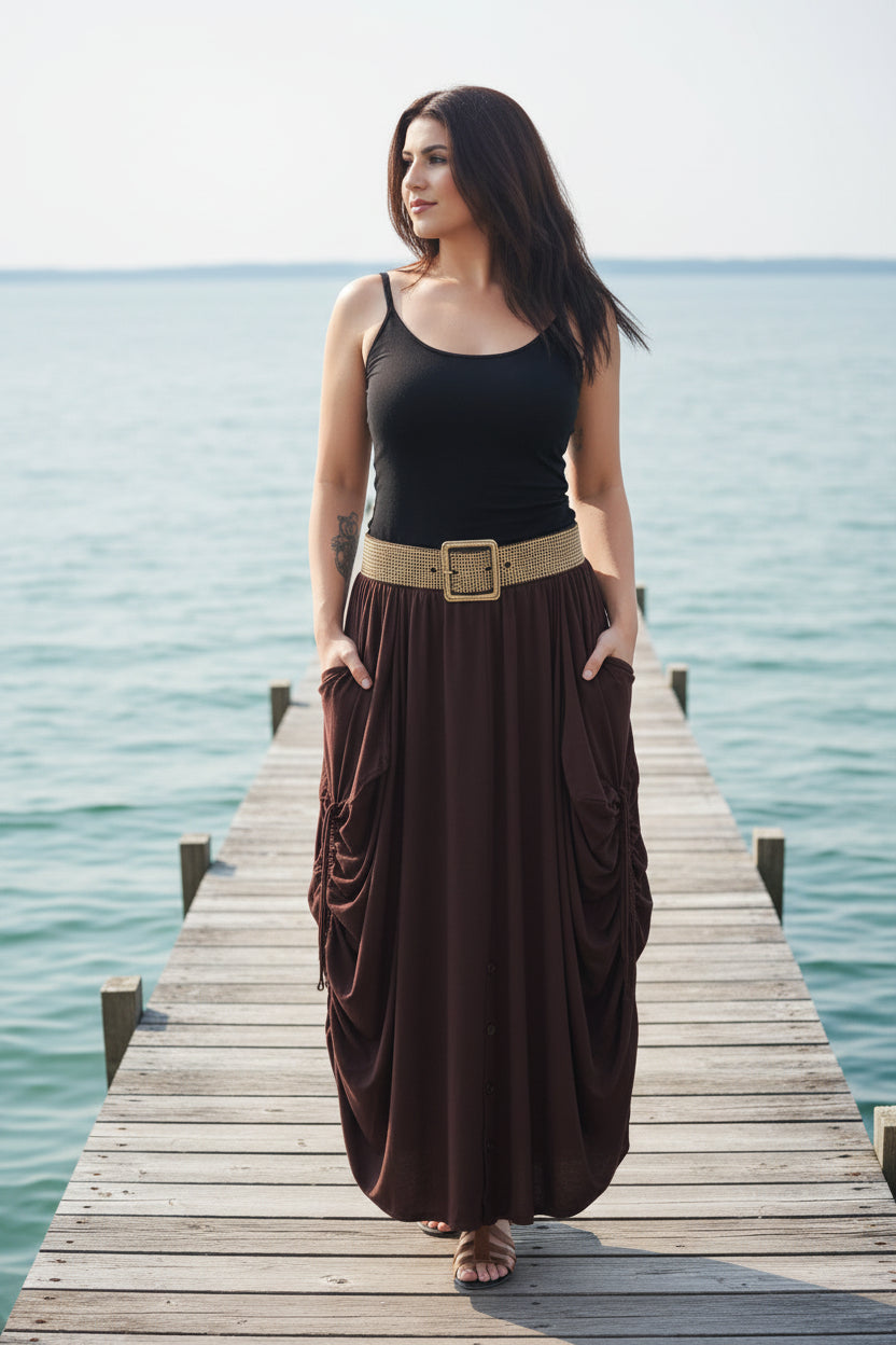 Adriana Elastic Waist Pockets Boho Maxi Skirt