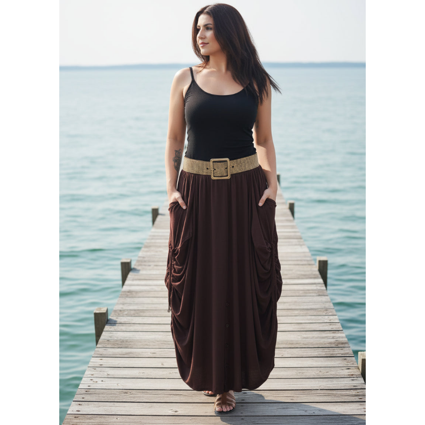 Adriana Elastic Waist Pockets Boho Maxi Skirt