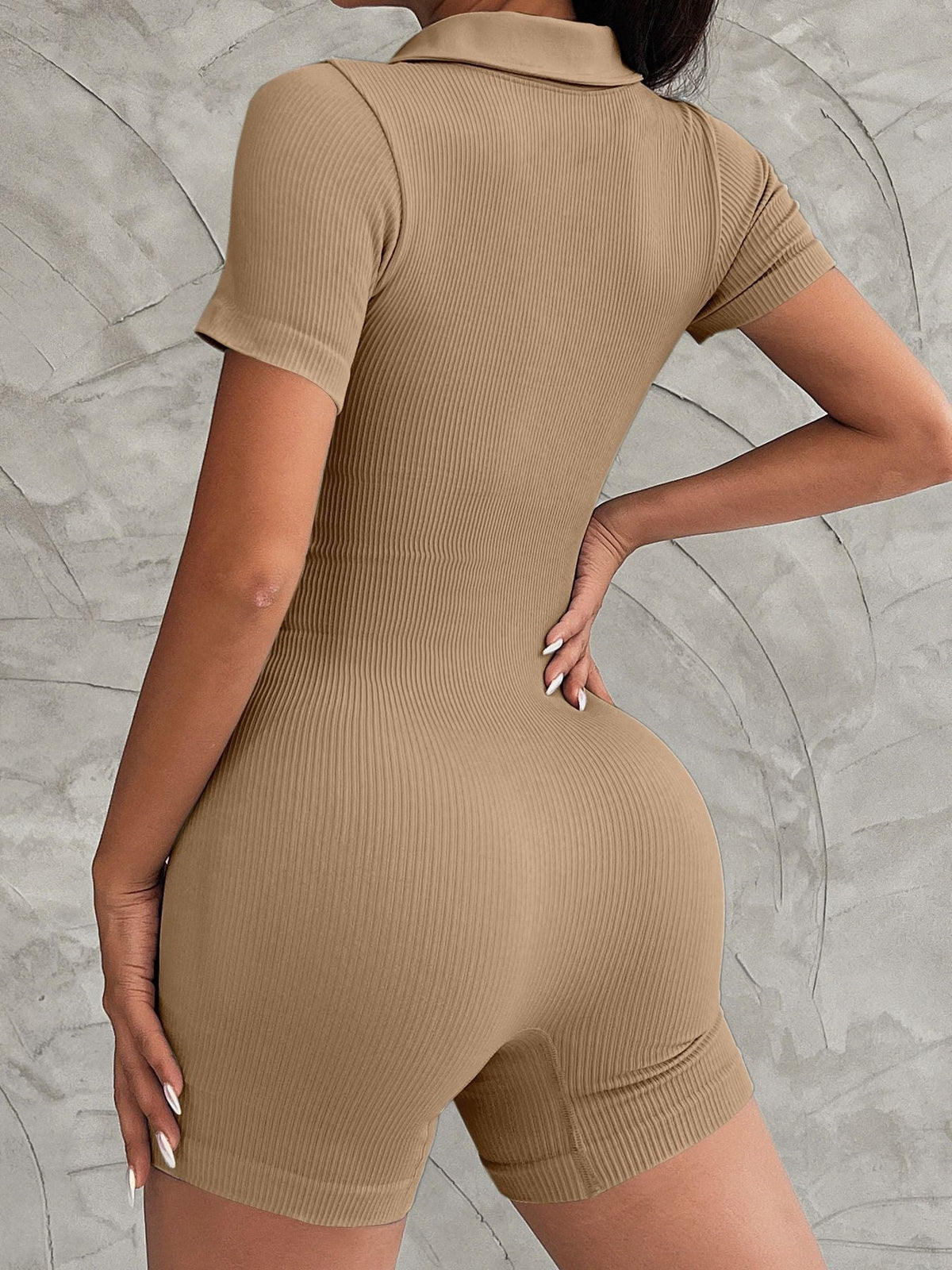 Lapel Button Ribbed Romper