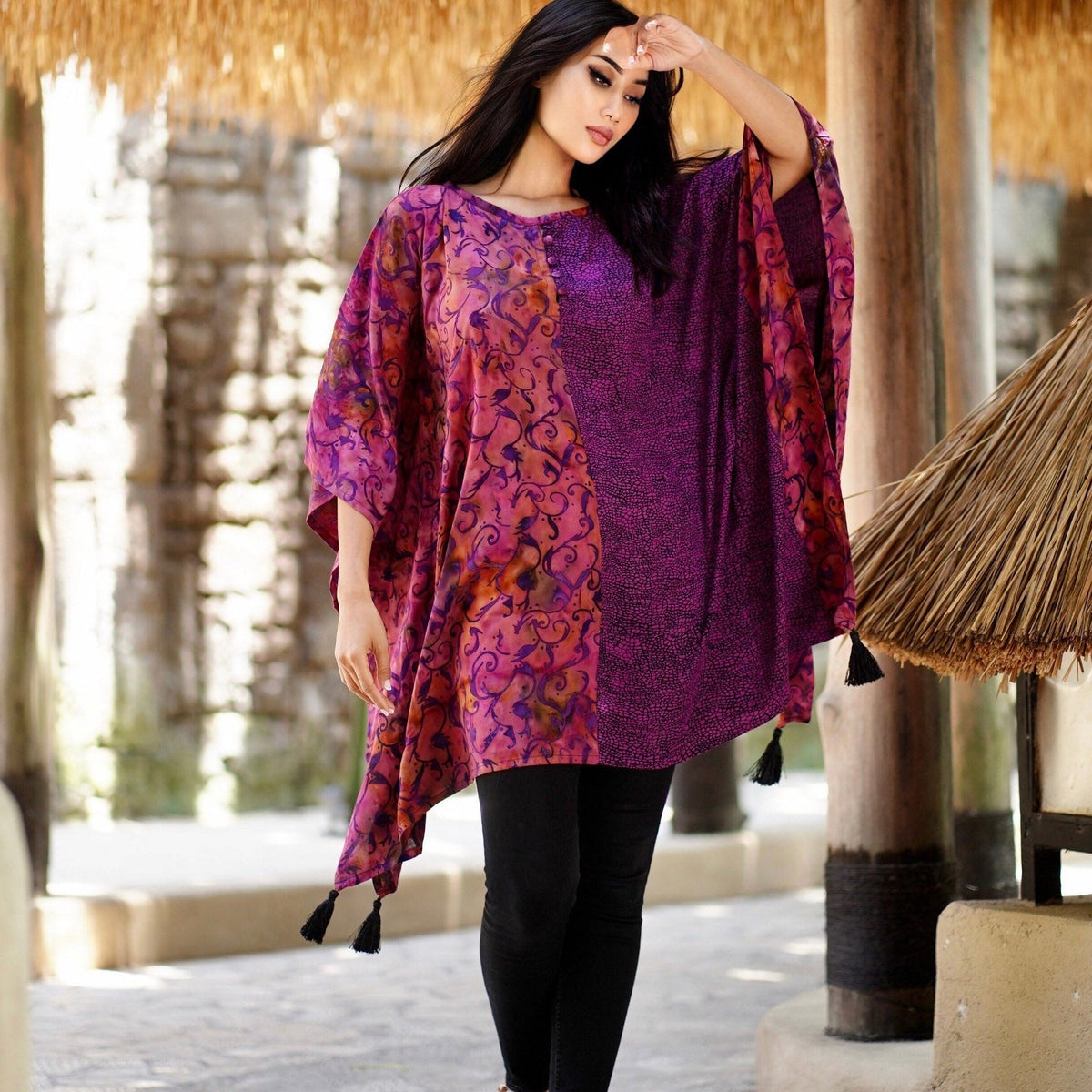 Ayleen Batik Combo Tassels Bohemian Poncho Top