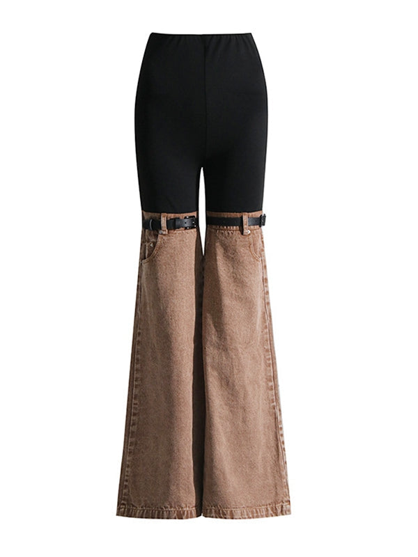 Contrast Color Denim Flare Fashion Pants