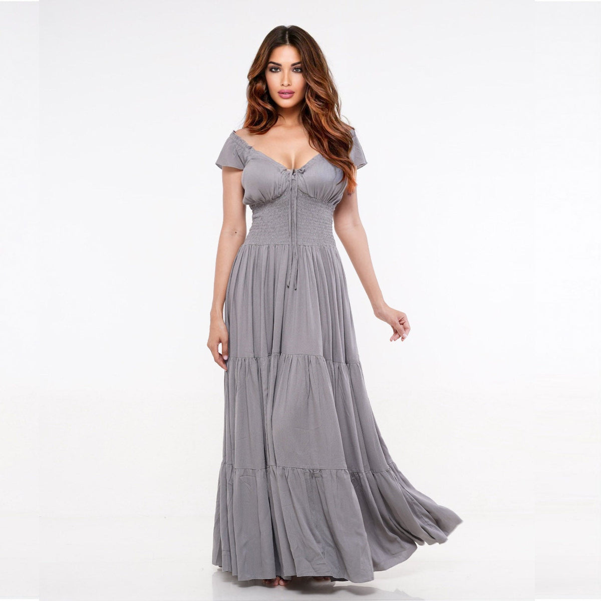 Haylee Smocked Tiers Crinkle Rayon Viking Party Maxi Dress