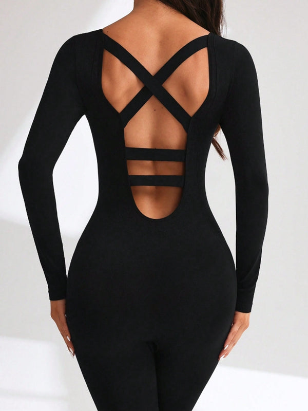 Cross Back Hollow Out Long Sleeves Jumpsuit
